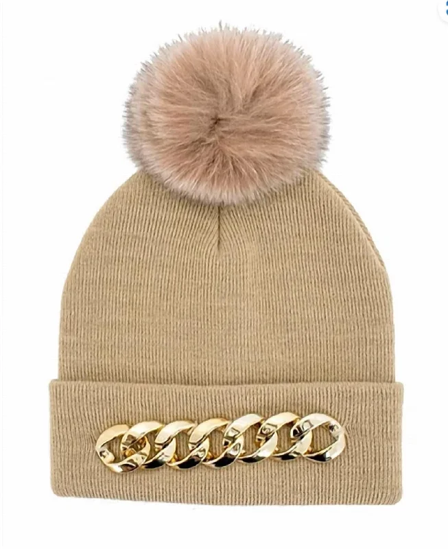 Chain Embellished Knit Hat With Fox Fur Pom - Htra20 in Camel