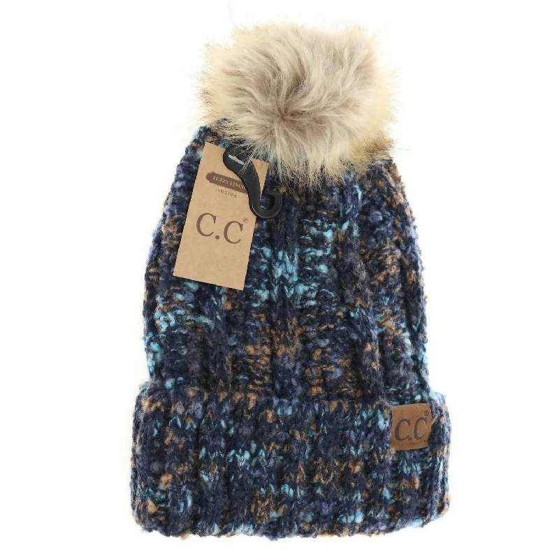 Women's Fuzzy Lined Popcorn Confetti Fur Pom Beanie In Navy Multi