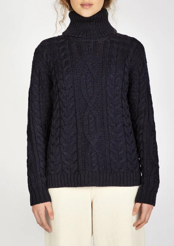 Women's Polo Neck Aran Sweater | Navy