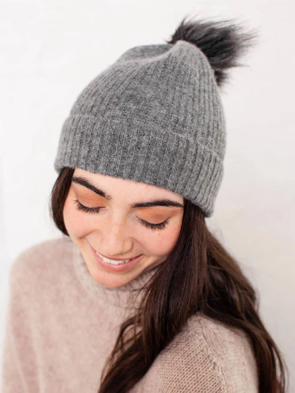 Joy Pom Pom Beanie In Grey