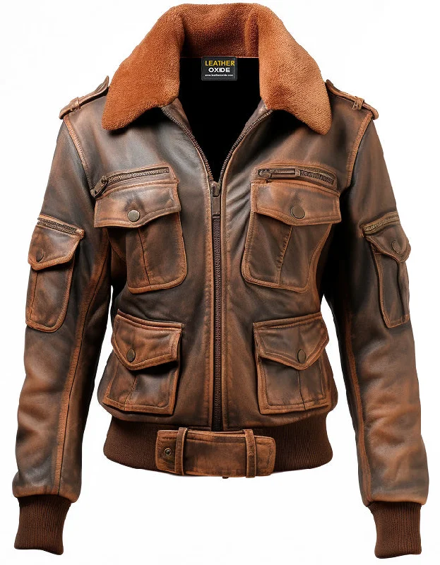 Women Brown Bomber Leather Jacket Distressed