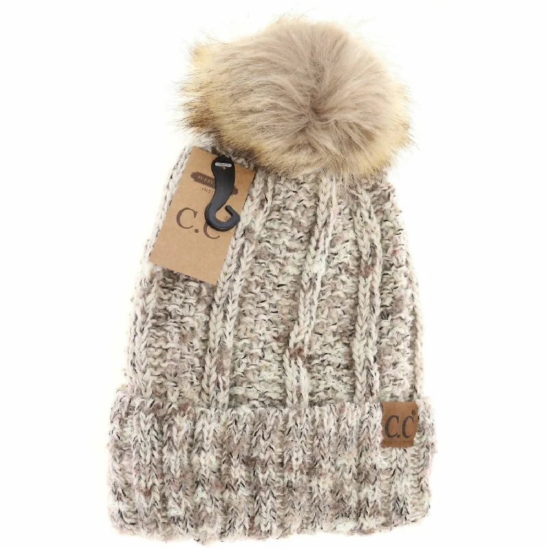 Women's Fuzzy Lined Popcorn Confetti Fur Pom Beanie In Beige Multi