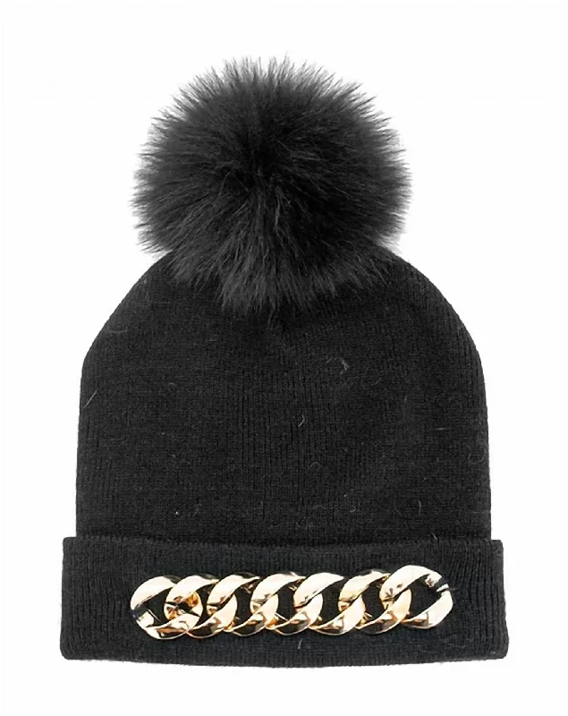 Chain Embellished Knit Hat With Fox Fur Pom - Htra20 in Black