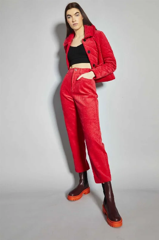 Lollipop-Red Corduroy Collared Padded-Jacket