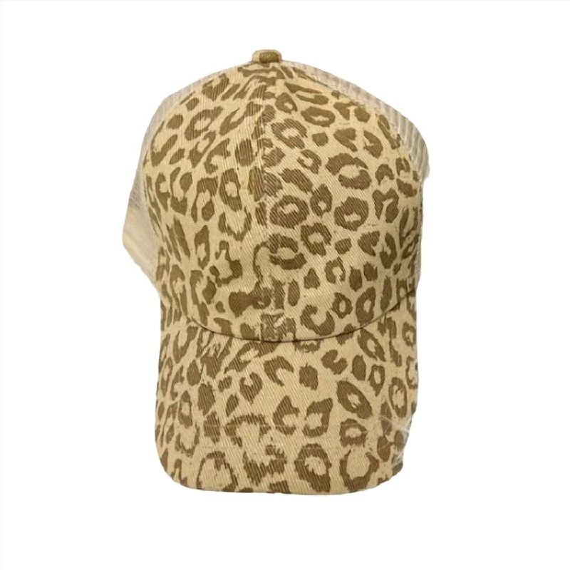 Go Wild Leopard Trucker Criss Cross Pony Tail Cap In Tan/brown