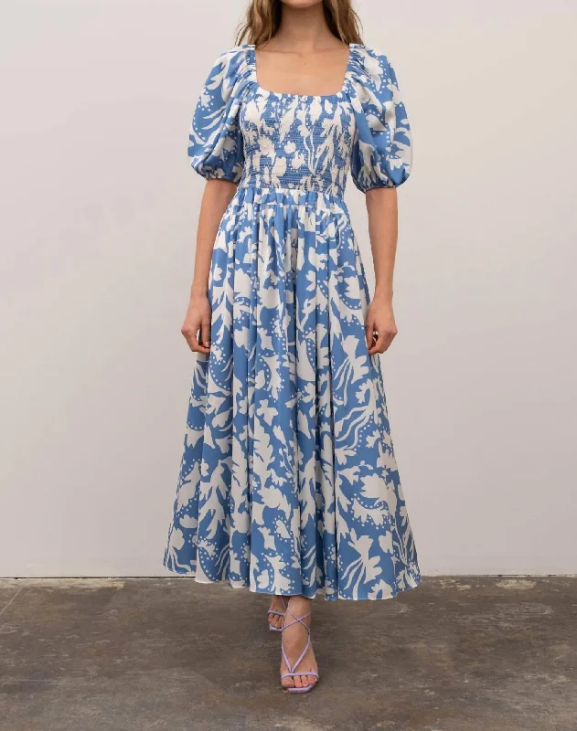 U Neck Puff Sleeve Smock Midi Dress In Blue White