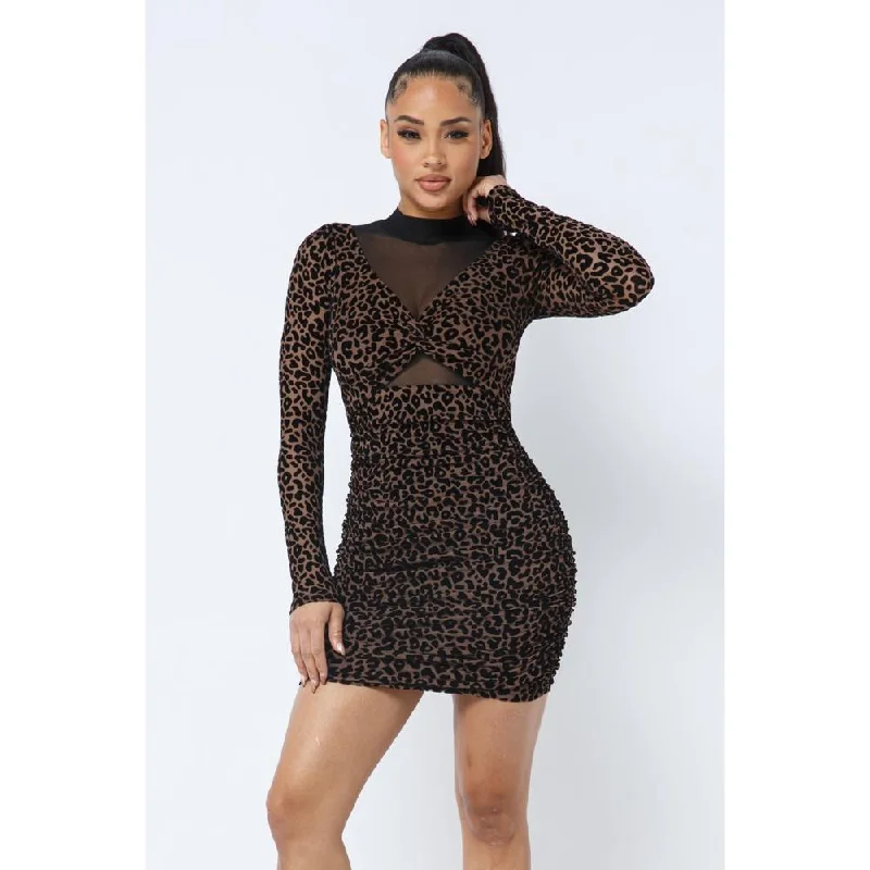 Animal Print Long Sleeve Mock Neck Mini Dress