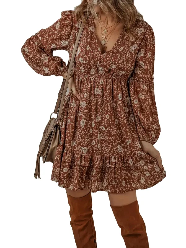 Boho Floral Mini Dress In Rust