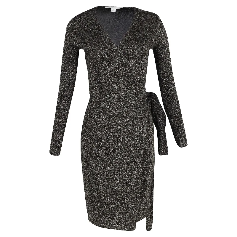 Diane Von Furstenberg  Mini Evelyn Wrap Dress in Metallic Black Merino Wool