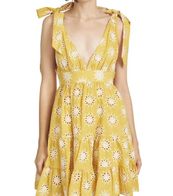 Embroidered Tiered Mini Dress In Yellow