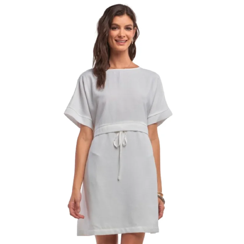 Off-white Short Sleeve Relaxed Fit Draw String Tie Waist Detail Mini Dress