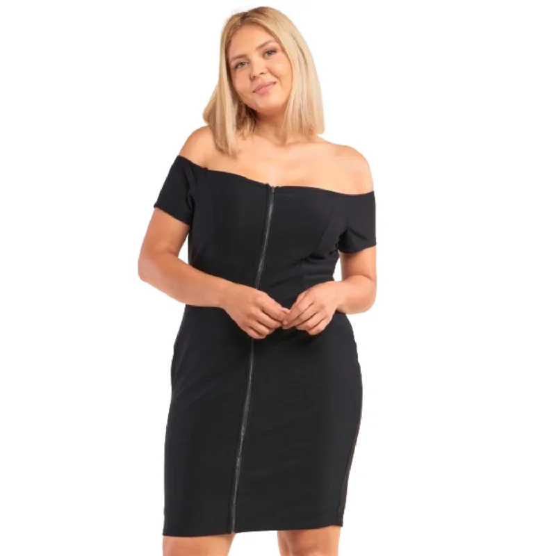 Plus Size Fitted Off-the-shoulder Front Zipper Bodycon Mini Dress