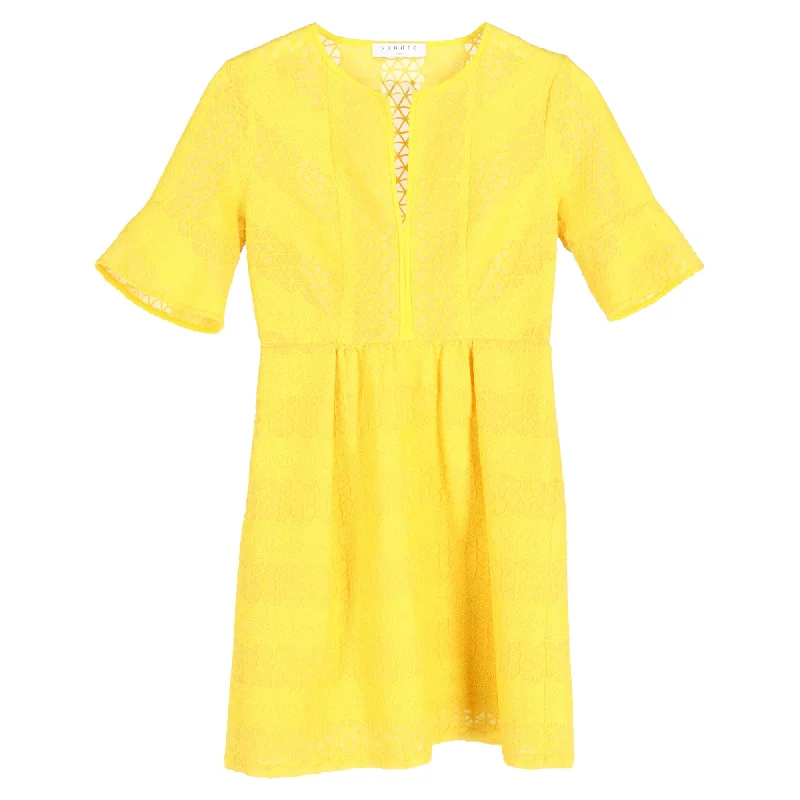 Sandro Crew Neck Mini Dress in Yellow Polyester