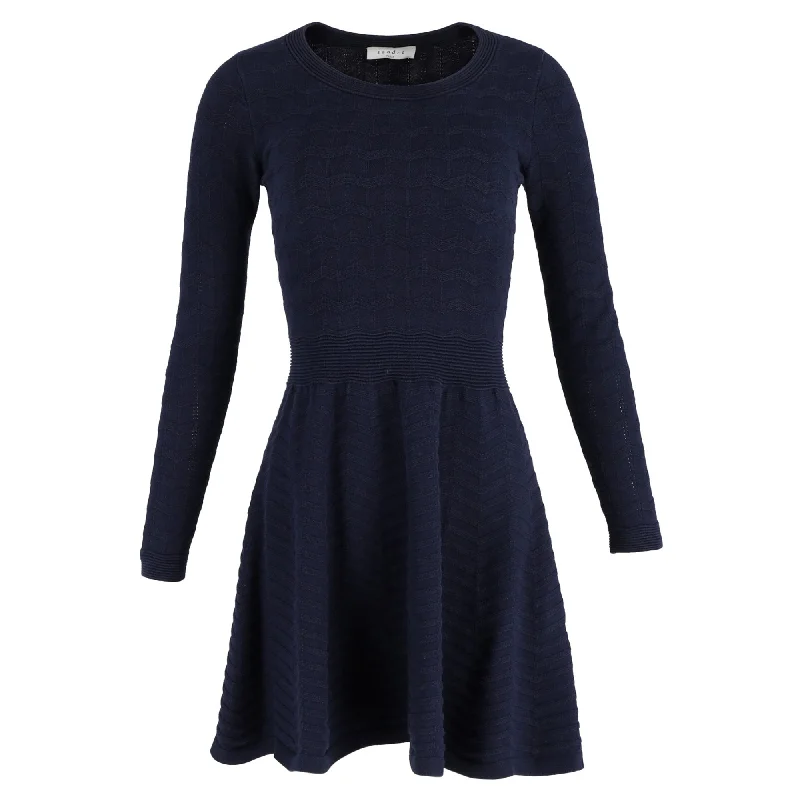 Sandro Diamond Knit Long Sleeve Fit and Flare Mini Dress in Navy Blue Cotton