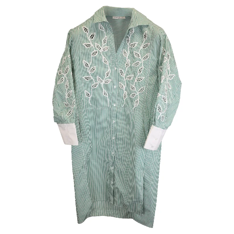 Sandro Paris Stripe Mini Long Sleeve with Lace Detail Shirt Dress in Green Cotton