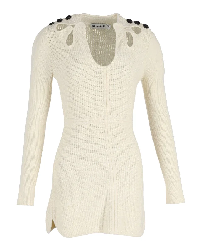 Self-Portrait Button-Embellished Cutout Ribbed Mini Dress in Cream Cotton