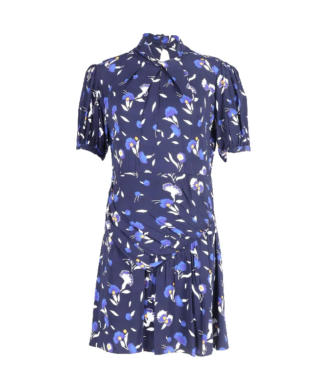 Self-Portrait Printed Botanical Mini Dress in Navy Blue Viscose