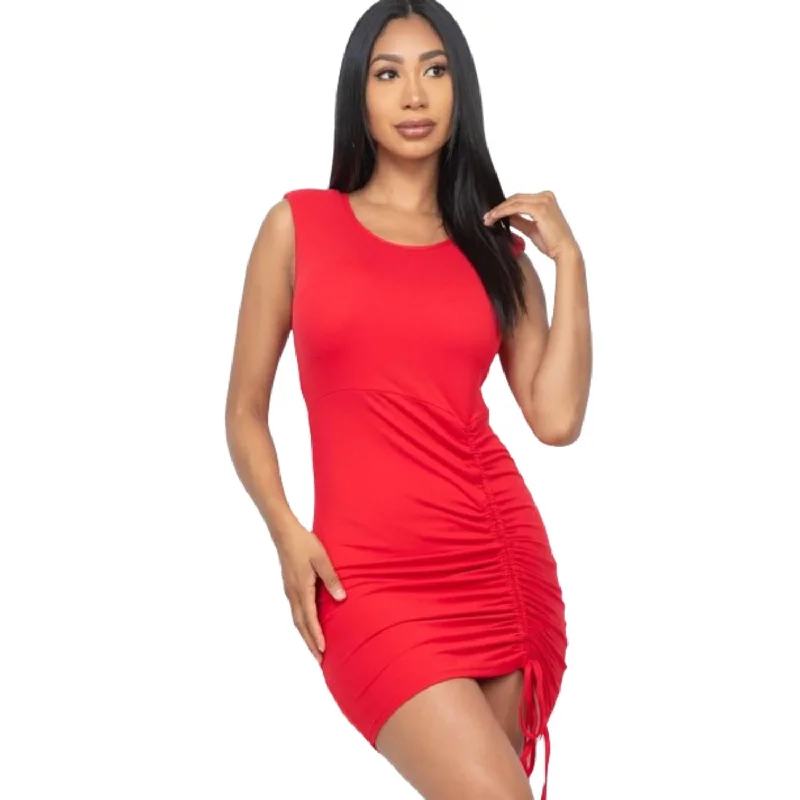 Sleeveless Shoulder Pad Drawstring Ruched Mini Dress