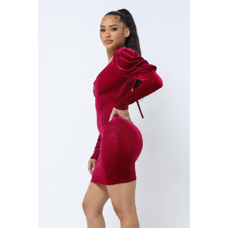 Soft Velvet Pleated Puff Sleeve Low V Neck Front And Back Mini Dress