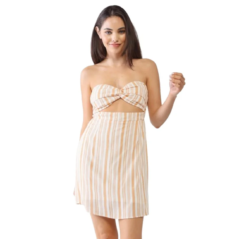 White & Apricot Stripe Print Strapless Twist Cut-out Smocked Back Mini Dress