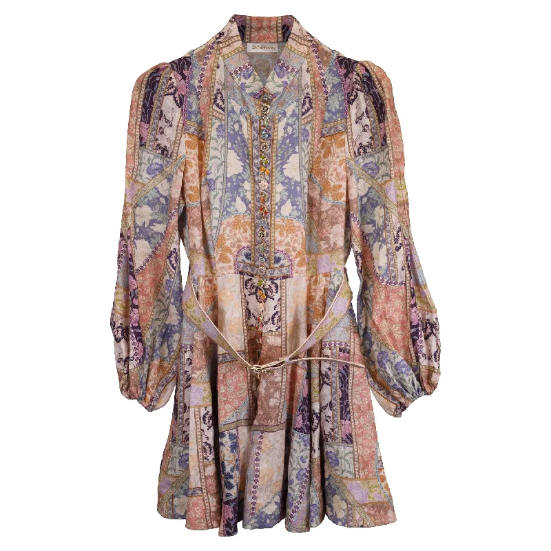 Zimmerman Mini Kaleidoscope Printed Embellished Long Sleeve Dress in Multicolor Linen