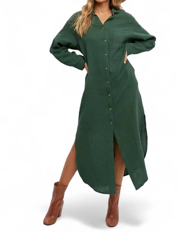 Sarah Button Up Maxi Shirt Dress With Pocket In Green