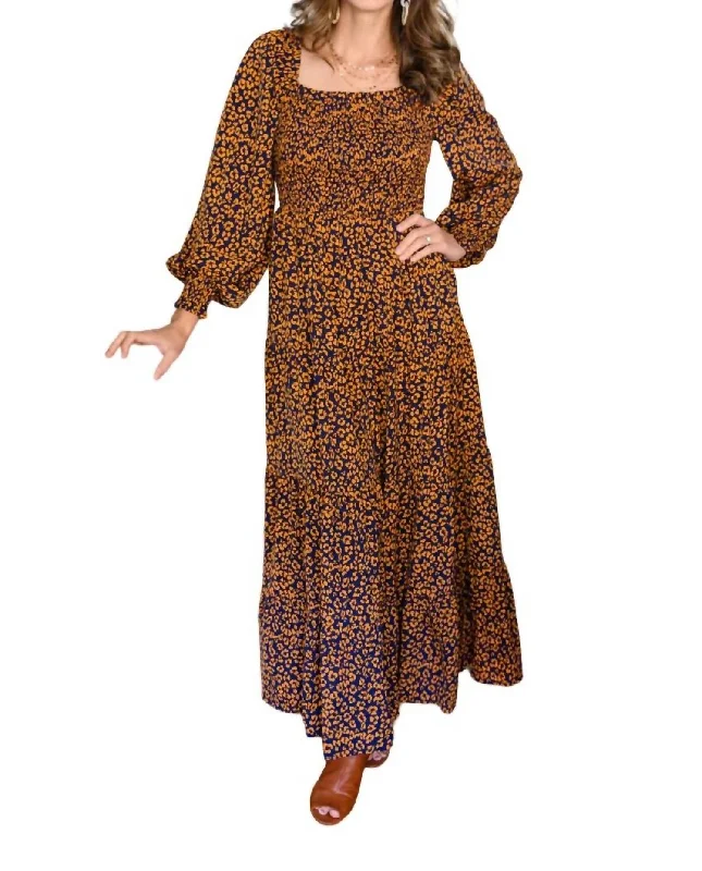 Shirred Square Neck Maxi Dress In Animal Print