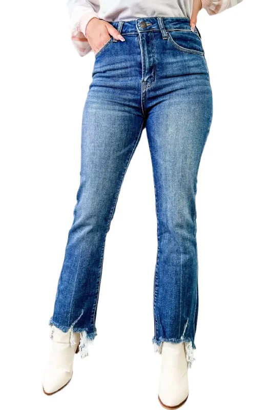 Frayed Ankle Hem Flare Jeans In Medium Wash