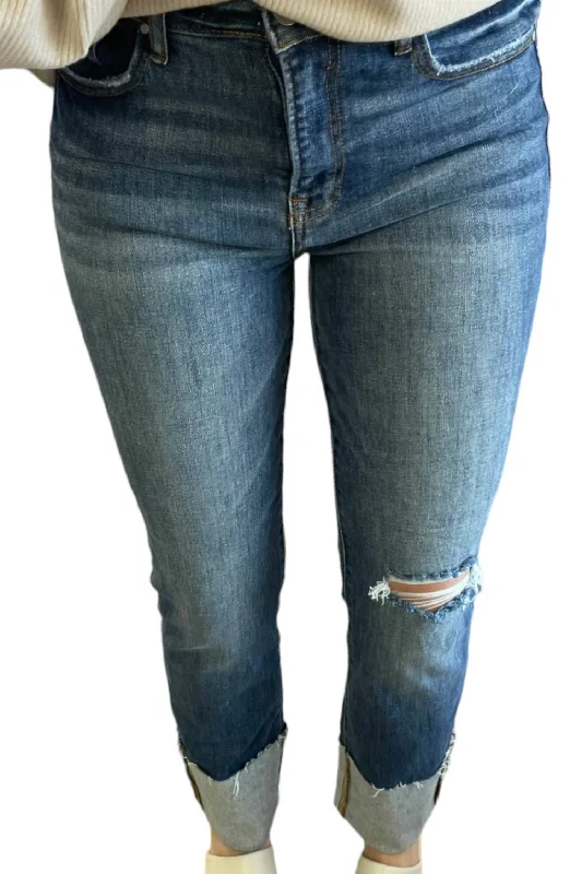 High Rise Wide Cuffed Jeans In Dark Wash