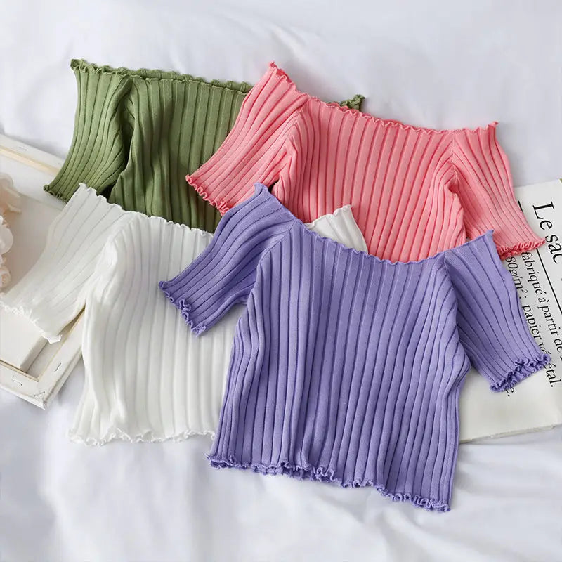 Women's Off Shoulder Knitted Ribbed Fashion Designer T-Shirts