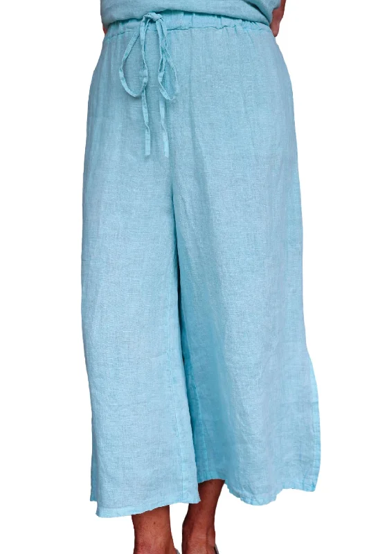 Side Slit Crop Wide Leg Linen Pants In Tiffany Blue