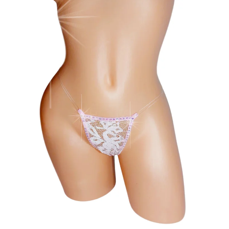 New Baby Pink Lace clear elastic ILLUSION thong - XS to XL - Exotic dancewear Stripper Poledance outfits