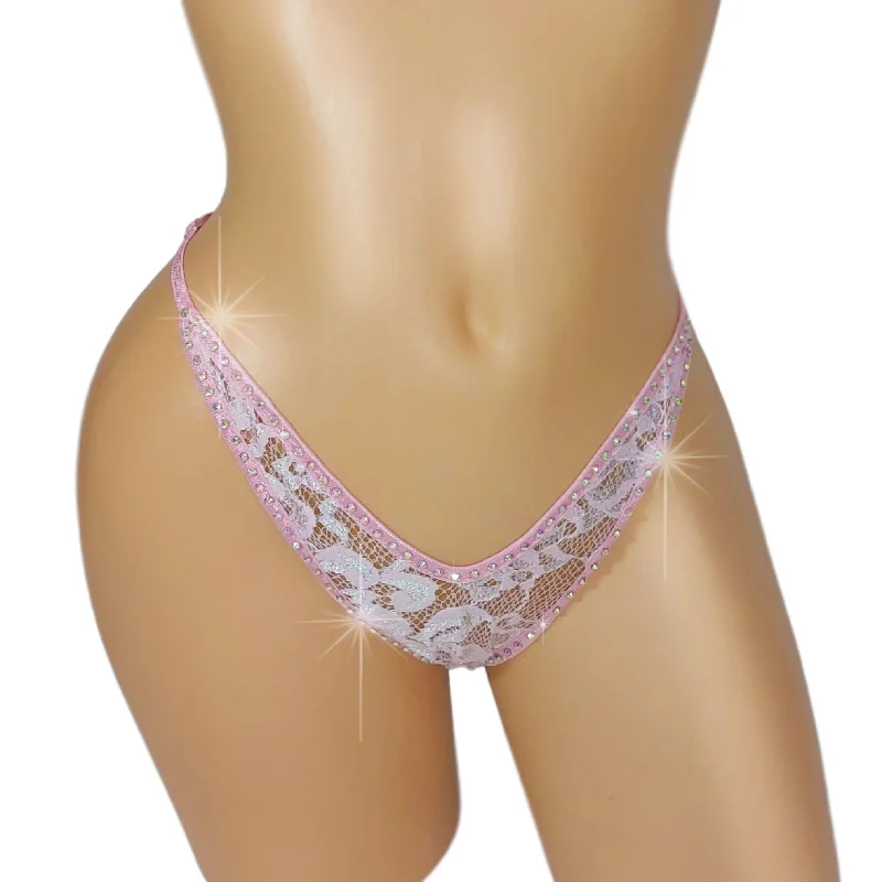 NEW! Baby Pink Lace rhinestone thong - Adjustable straps for perfect fit! Fully lined. Sexy dancer thong