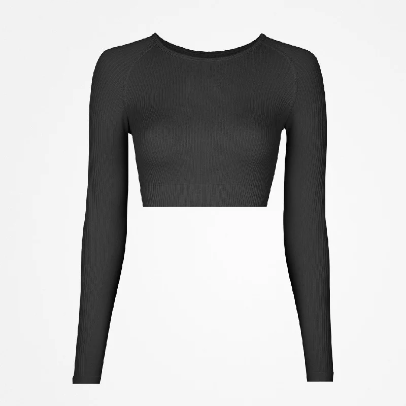 Geripptes Sportshirt langarm Damen | Schwarz