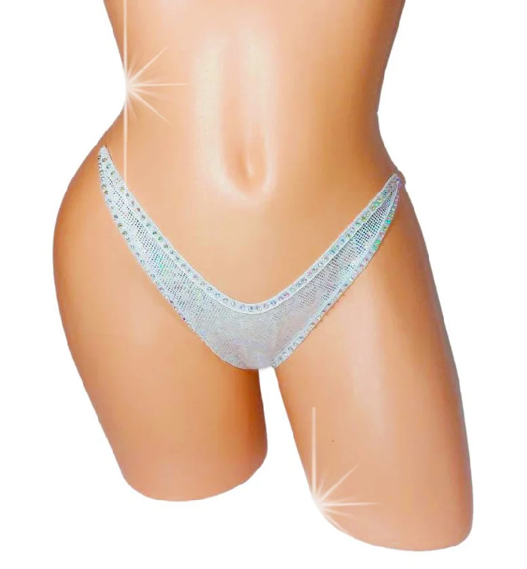 Bridal Rhinestone Hologram clear Invisible elastic Adjustable thong - 5 Colors - XS to XL sexy dancer club outfits exotic dancewear glow stripper outfits Wht Holo