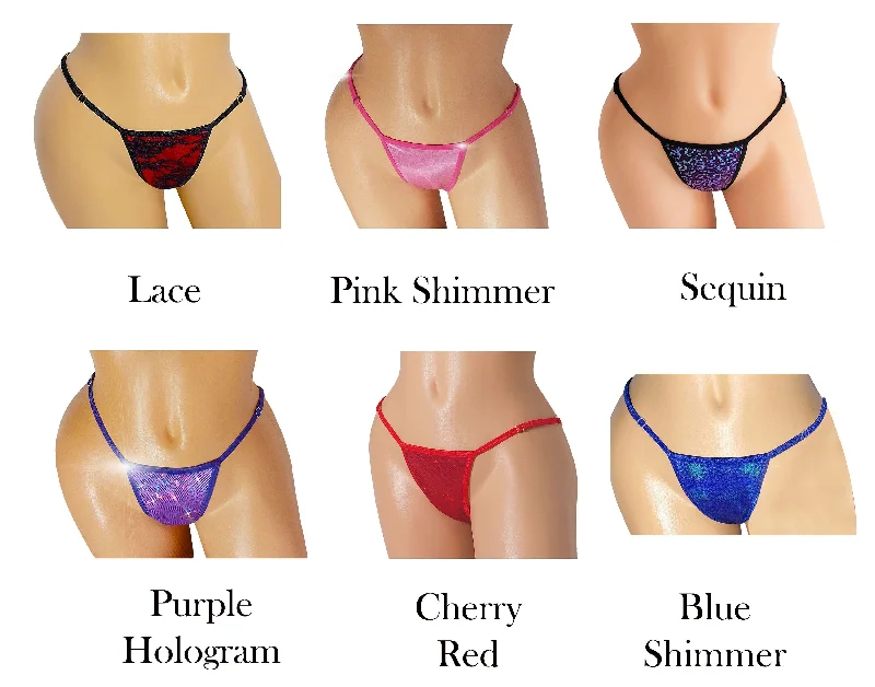 Luxury adjustable Thongs - Luxury fabrics - Holograms, Lace, Shiny Glitz - use slider to adjust strap length just like a bra strap