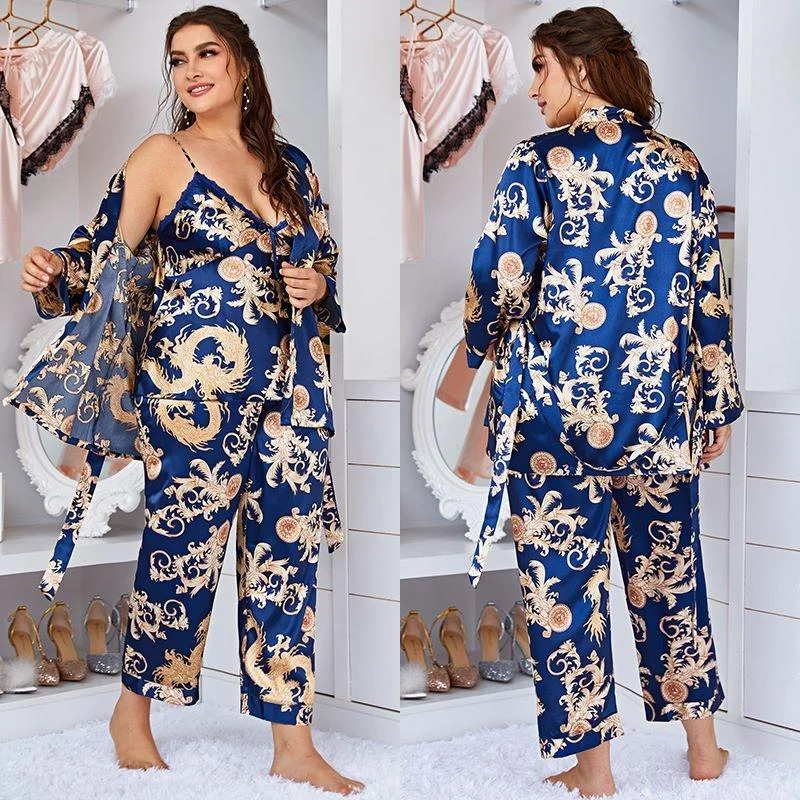 3 Pics Printed Satin Silk Plus Size Pajama Set TZ013 (Plus)